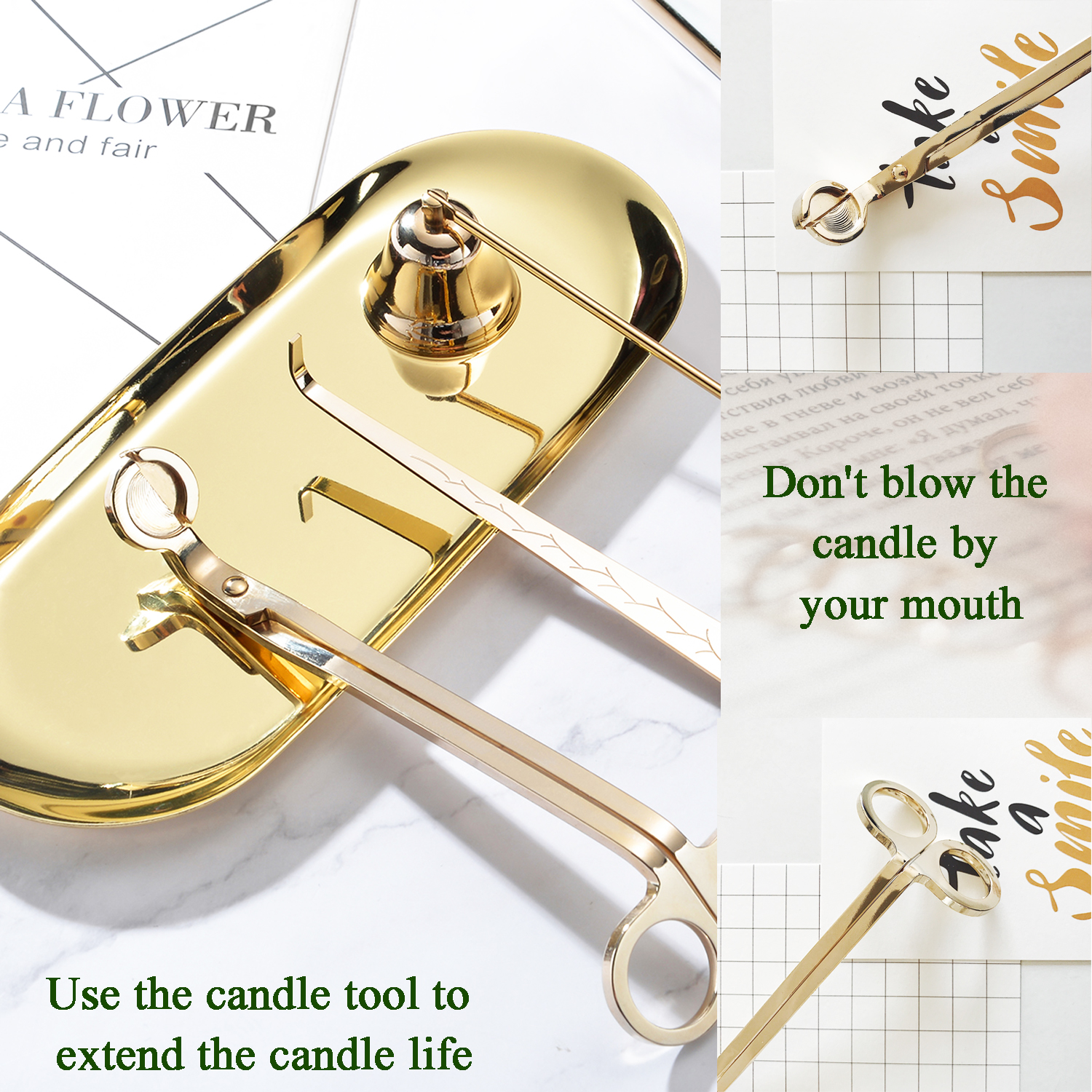 4 in 1 Candle Accessory Set, Candle Snuffer, Wick Trimmer, Wick Dipper and Storage Tray, Gift for Candle Lover