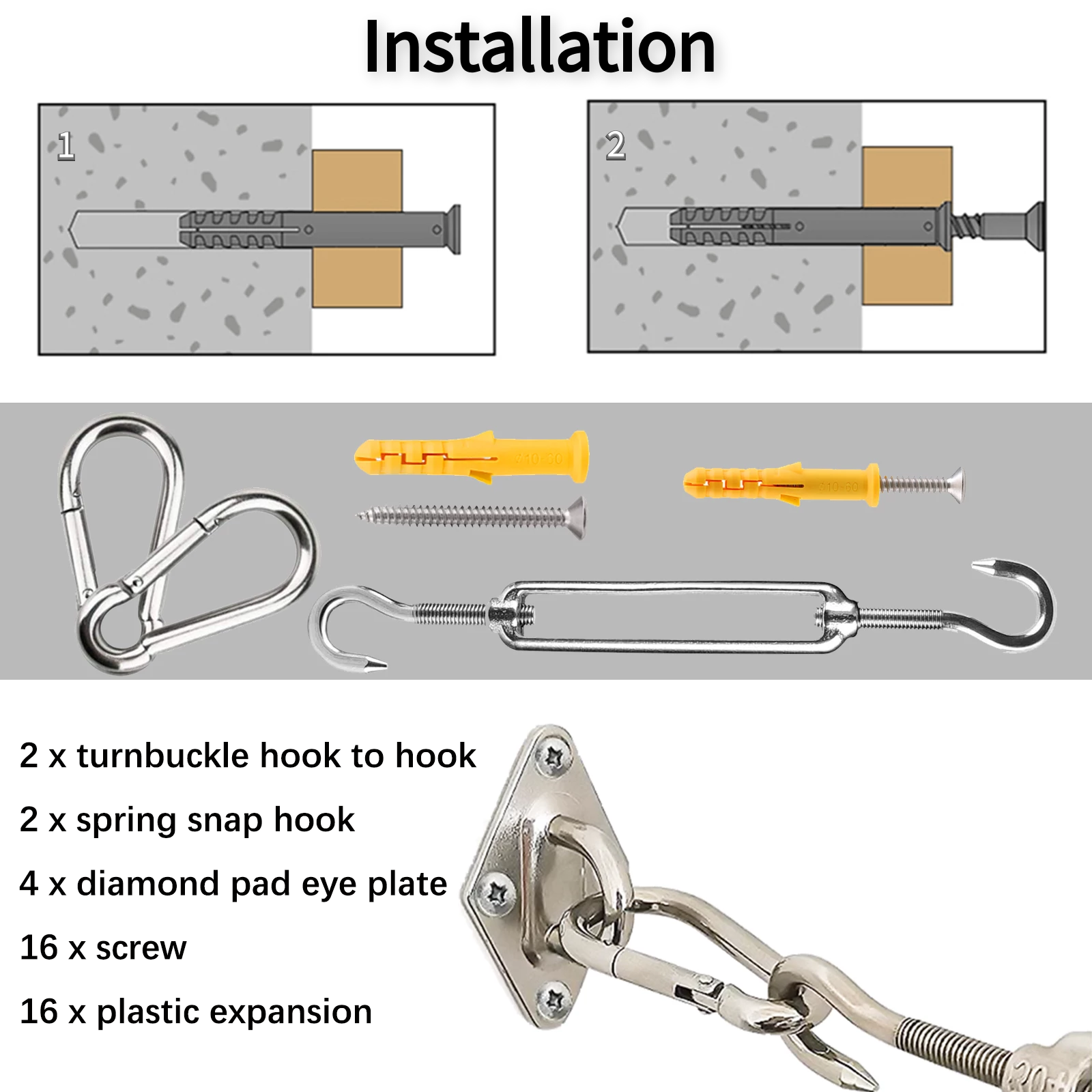 UCINNOVATE 5 inch Shade Sail Hardware Kit for Triangle Square Rectangle Sun Shade Sails Installation