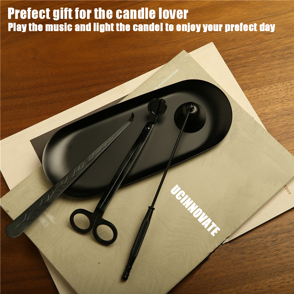 4 in 1 Candle Accessory Set, Candle Snuffer, Wick Trimmer, Wick Dipper, Storage Tray , for Candle Lover(Black)