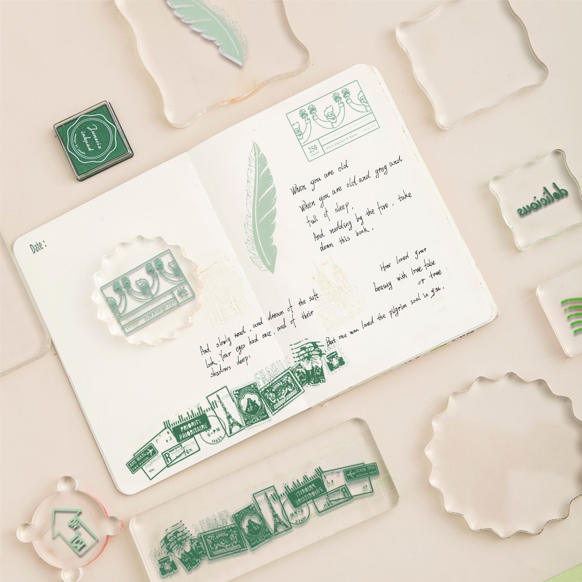 UCINNOVATE 4Pcs Clear Stamps, Earth Map, Travel , Feather, Food Theme for DIY Card, Scrapbooking and Journals