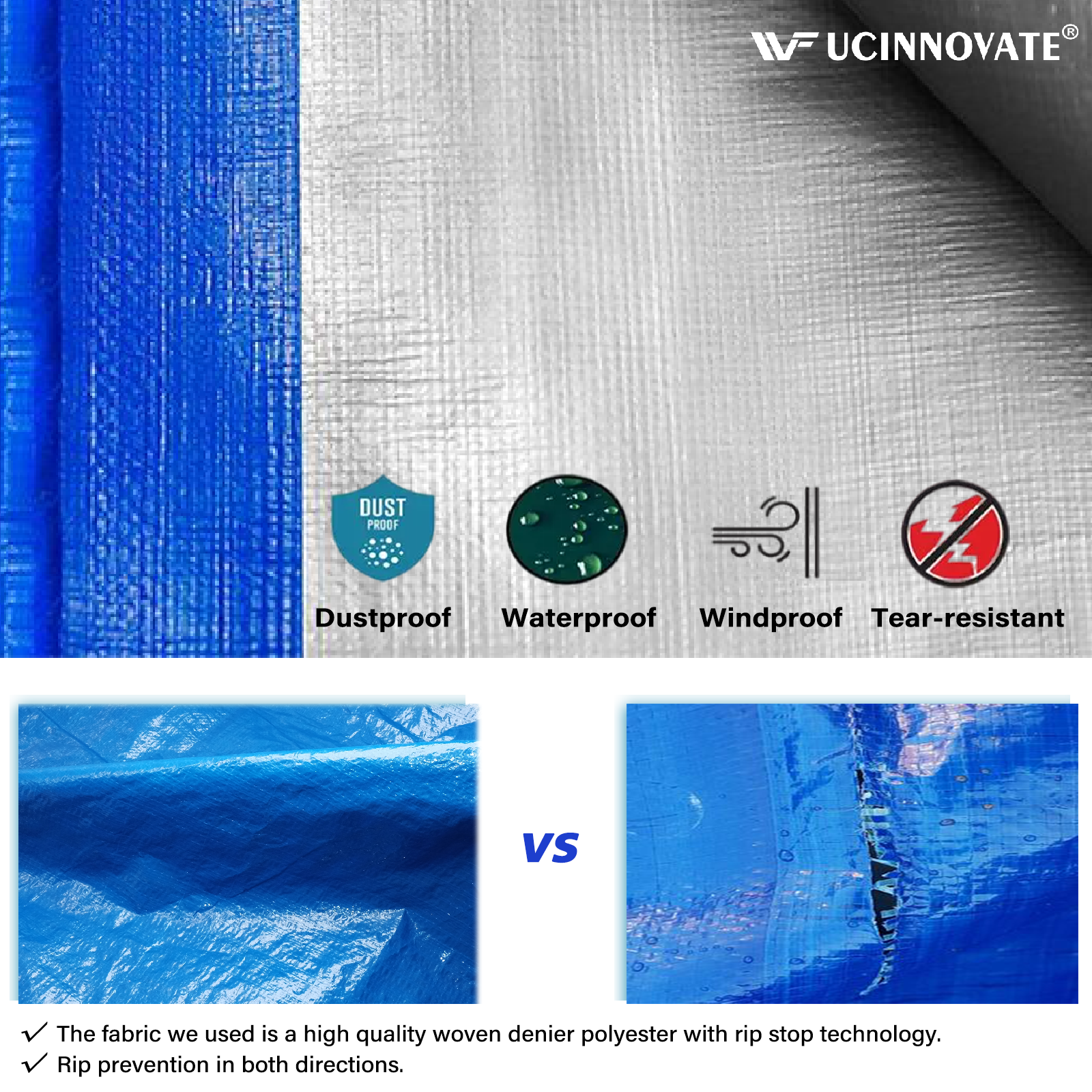 UCINNOVATE 10 x 10 ft Heavy Duty Blue/Silver Tarp Waterproof Poly Tarp Cover with Metal Grommets