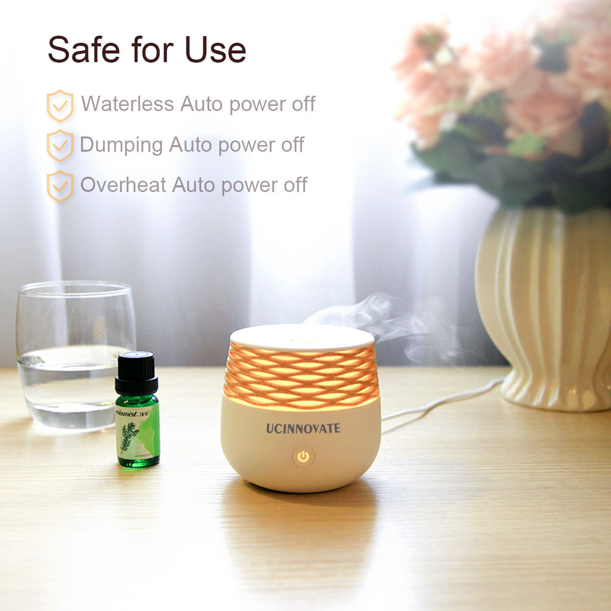 UCINNOVATE Portable Mini Essential Oil Diffusers, 30ml Small Desk Aroma Diffuser for Essential Oil, Ultrasonic Cool Mist Humidifier with LED Night Light, Waterless Auto Shut-Off USB Diffusers