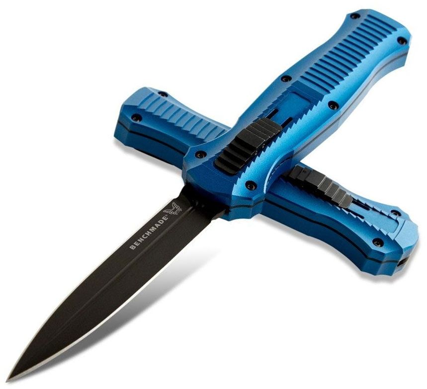 Benchmade 3300BK-2001 Limited Edition Infidel AUTO OTF Knife 3.90" Black DLC S30V Double Edge Dagger, Blue Aluminum Handles