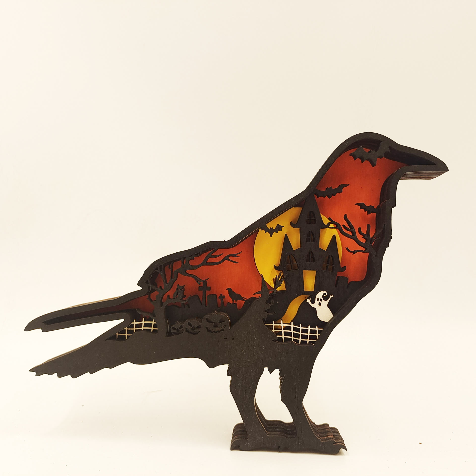 3D Handcraft Wooden Crow Halloween Decor Lights Wood Halloween Ornaments Gift
