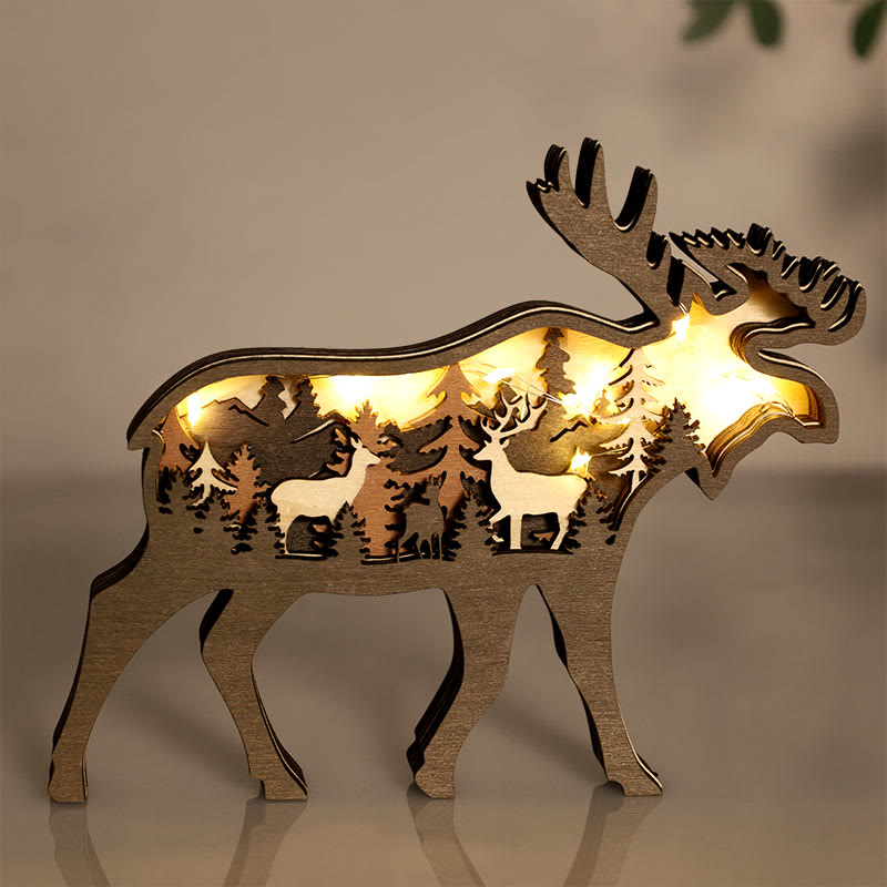 3D Animals Wooden Crafts with Light Deer Moose Home Decor for Wall and Tabletop