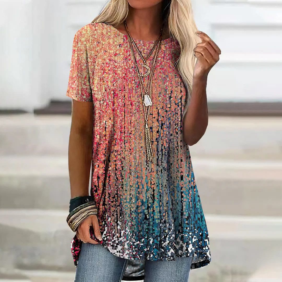 Plus Size Abstract Print Crew Neck Short Sleeve Tunic Top