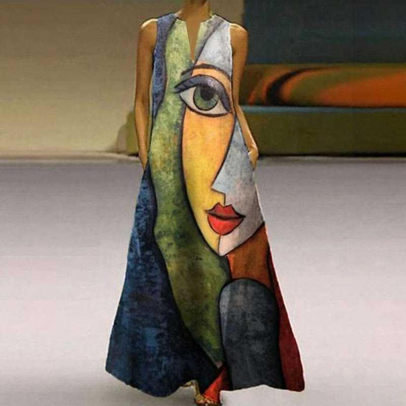 Women's Abstract Face Print Loose Casual Maxi Dress