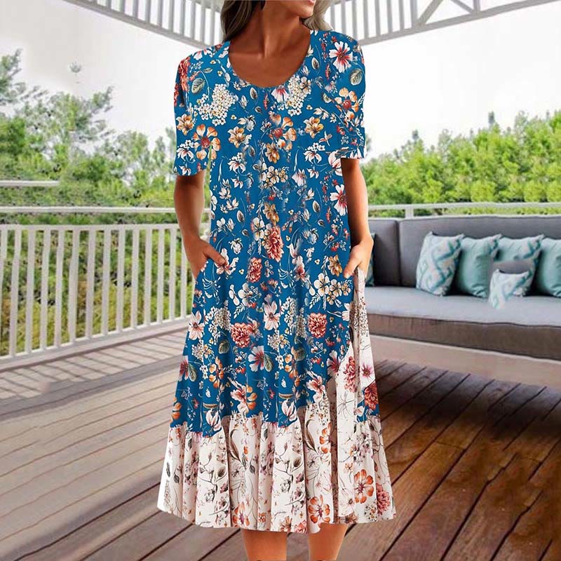 Women's Casual Floral Print Crewneck Short Sleeve Dress