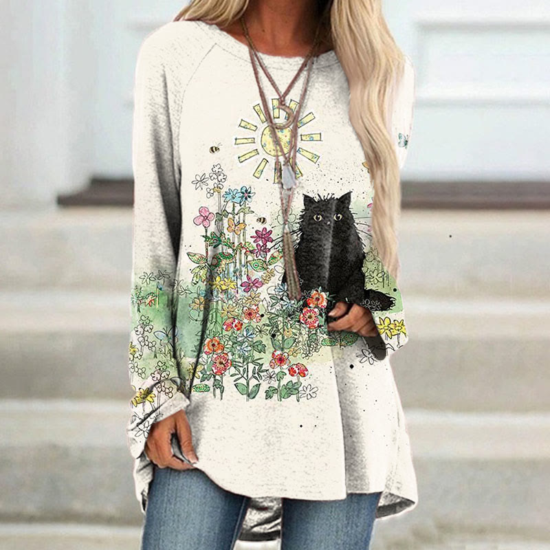 Vintage Floral Cat Print Long Sleeve Tunic