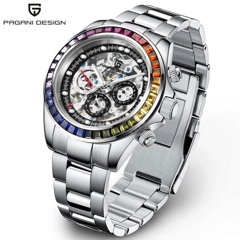 PAGANI DESIGN Fashion Rainbow Bezel Men Mechanical Wristwatches Luxury Sapphire Glass Hollow Out Design Automatic Watch for Men