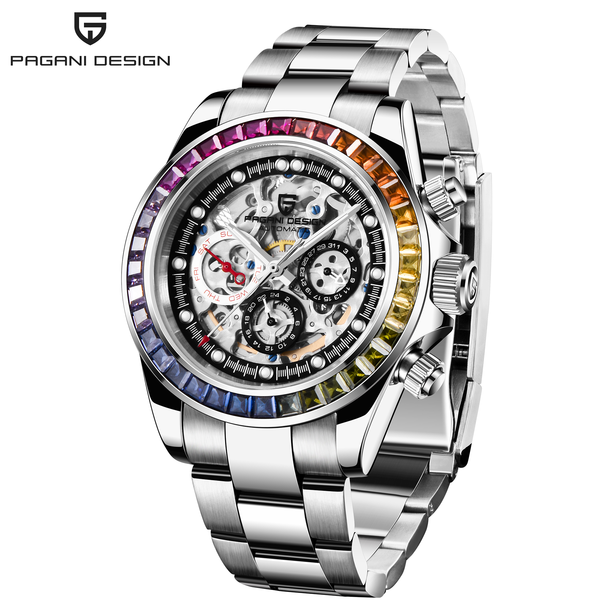 PAGANI DESIGN Fashion Rainbow Bezel Men Mechanical Wristwatches