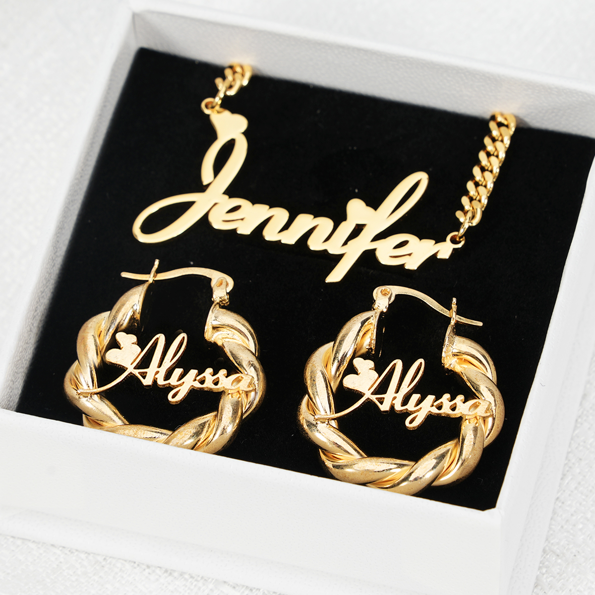 Personalized Custom Jewelry Set 2pcs Love Heart Name Necklace Mini Hoop Earrings 