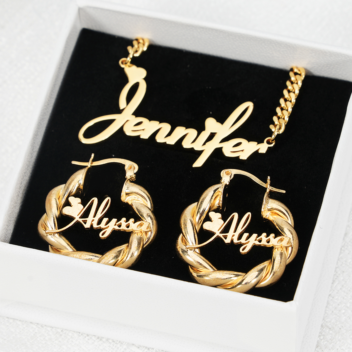 Personalized Custom Jewelry Set 2pcs Love Heart Name Necklace Mini Hoo