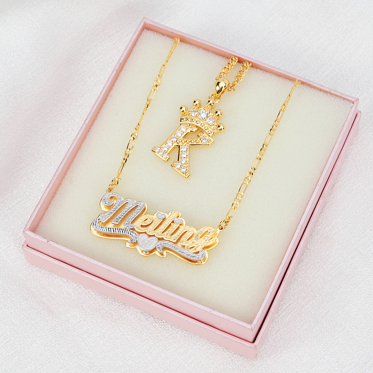 Crown Two Tone Nameplate Personalized Jewelry Set 2pcs Initial Necklace And Name Necklace