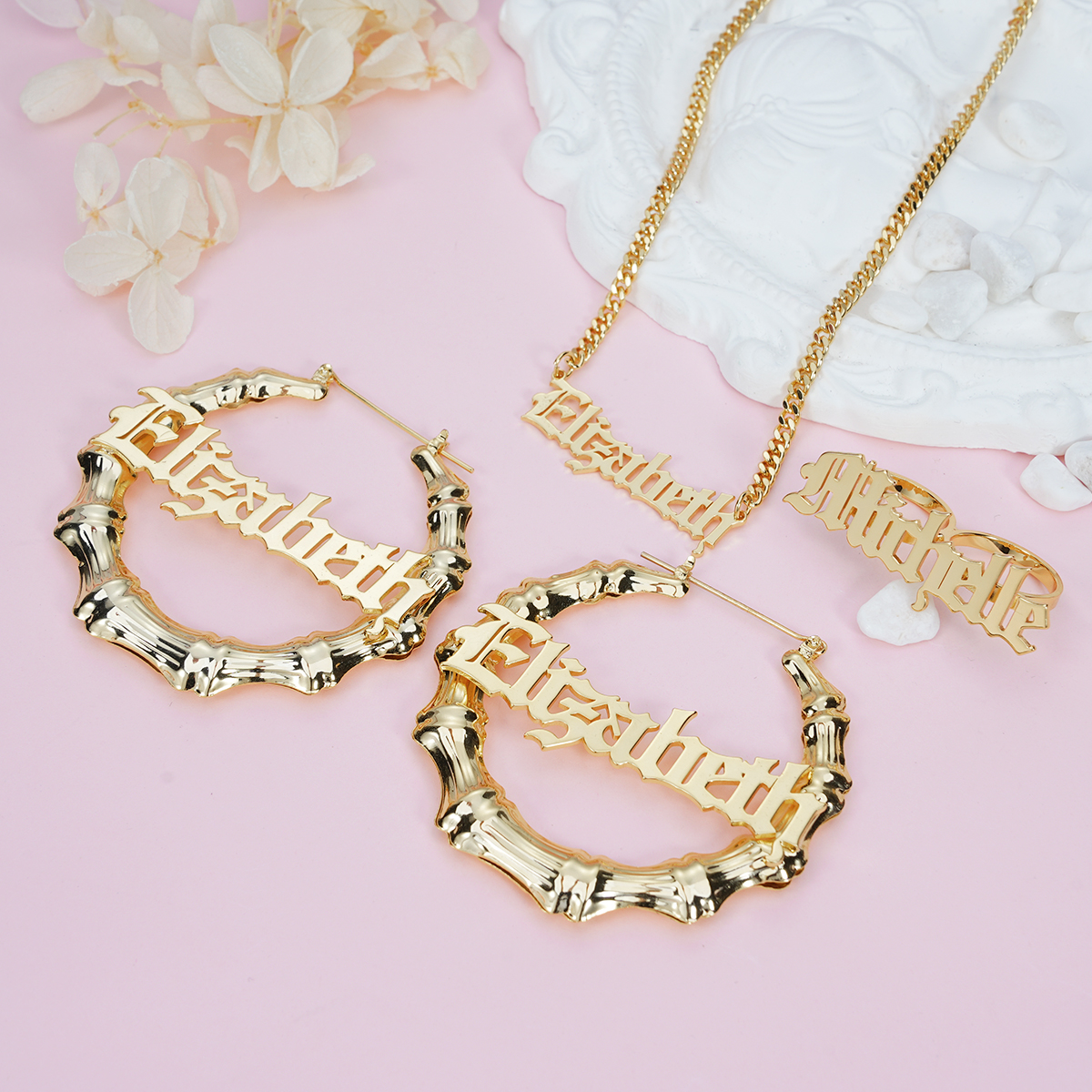 Old English Nameplate Personalized Jewelry Set 3pcs Name Necklace Name Earrings And Ring