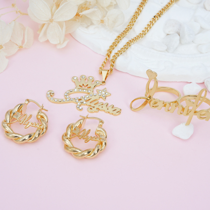 Love Heart Nameplate Personalized Jewelry Set 3pcs Zircon Name Necklace Name Earrings And Two Finger Ring