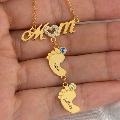 1 to 5 Baby Foot Mom Name Birthstones Gold Plated Personalized Custom Family Necklace
