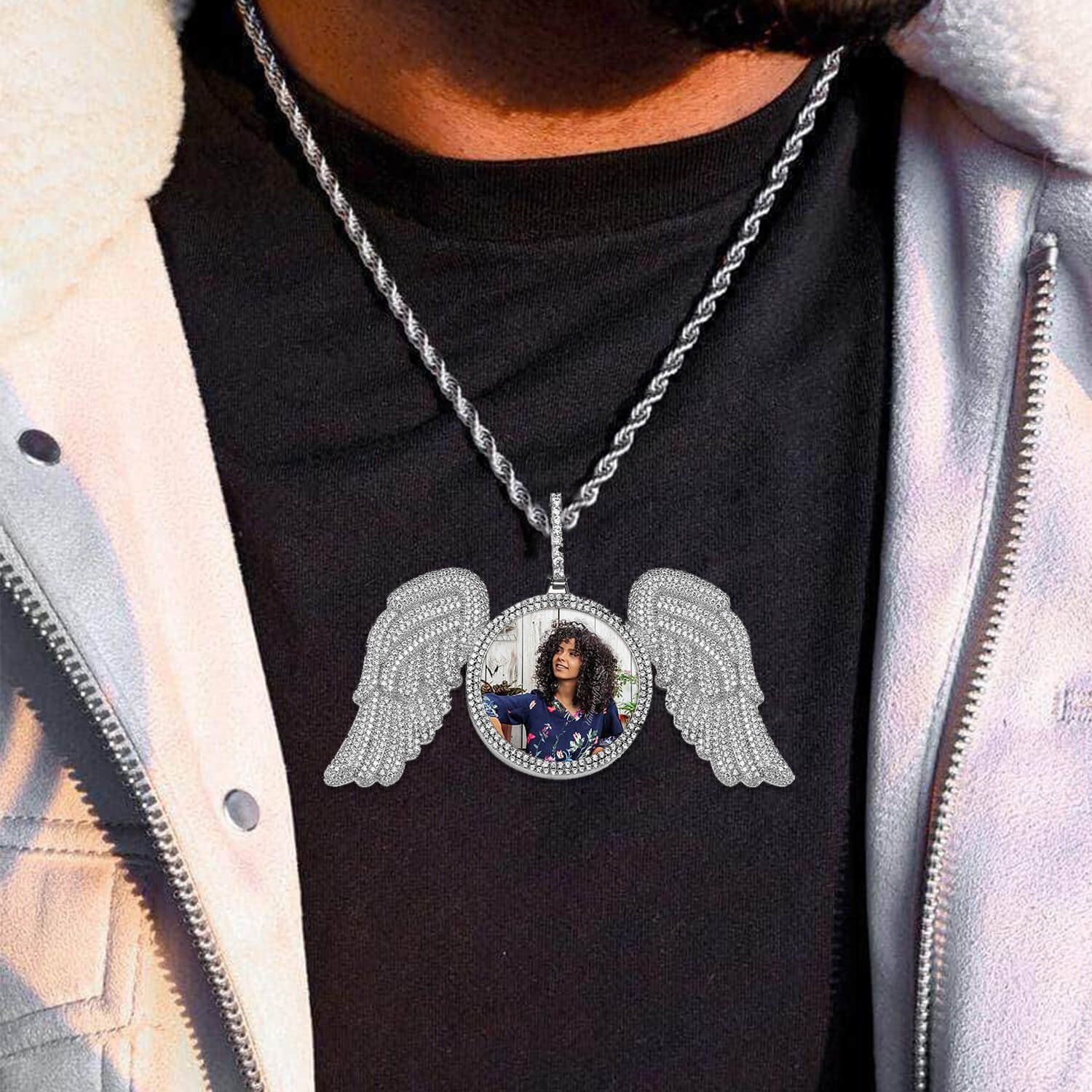 Angel Wings Round Pendant Photo Necklace Gold Plated-silviax