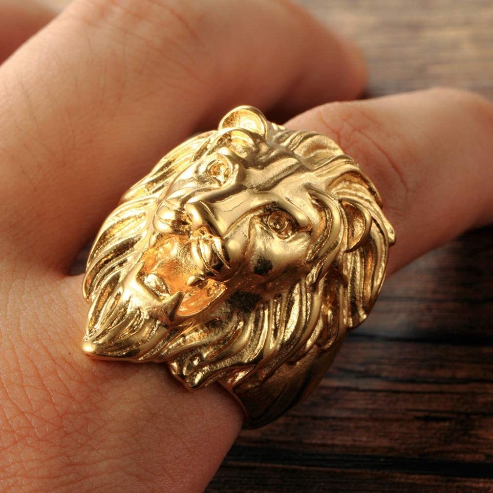 Vintage Gold Plated Lion Head Rings Heavy Metal Rock Punk Gothic Style Jewelry for Men-silviax