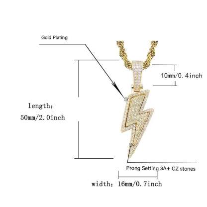 Hip Hop Lightning Pendant Gold Plated Iced Out CZ  Necklace for Men Women-silviax