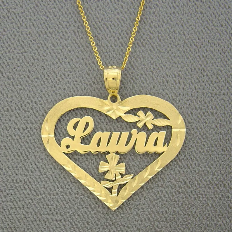 Heart Shaped Diamond Cut Flower Nameplate Pendant Personalized Custom Gold Plated Name Necklace