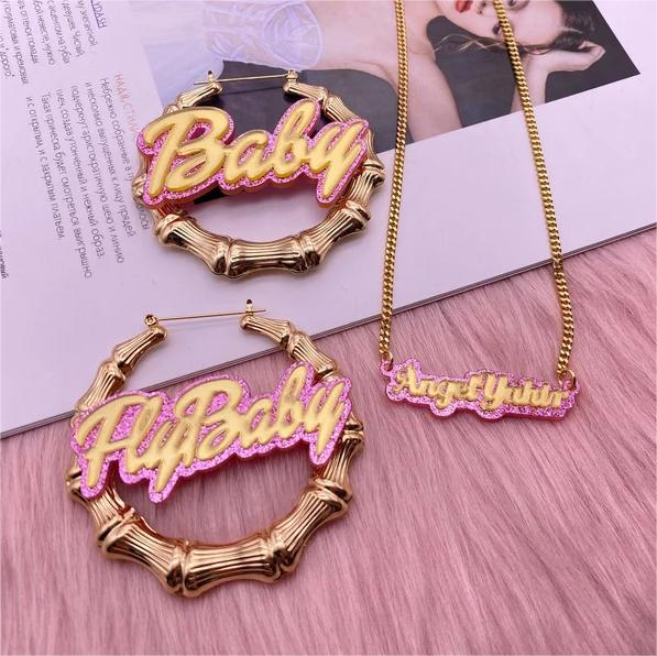 Personalized Pink Acrylic Jewelry Set Custom Name Necklace and Bamboo Name Earrings Set-silviax