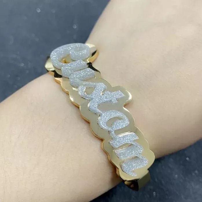 Acrylic Nameplate Personalized Custom Gold Plated Bangle Bracelet-silviax
