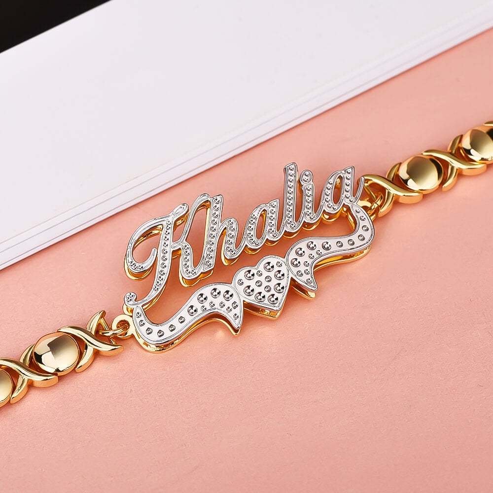Double Layer Two Tone Heart Nameplate with XOXO Chain Personalized Custom Gold Plated Name Bracelet-silviax