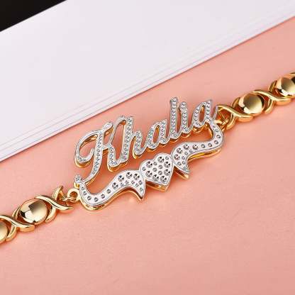 Double Layer Two Tone Heart Nameplate with XOXO Chain Personalized Custom Gold Plated Name Bracelet-silviax