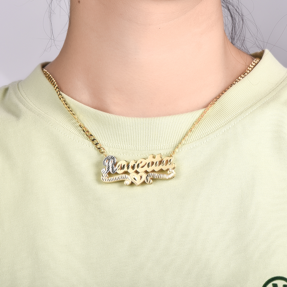 Double Layer Two Tone Nameplate Personalized Custom Gold Plated Name Necklace with Heart-silviax