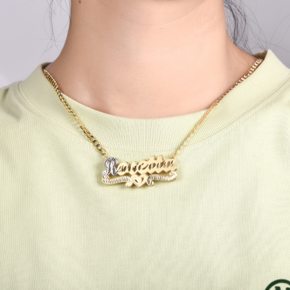 Double Layer Two Tone Nameplate Personalized Custom Gold Plated Name Necklace with Heart-silviax