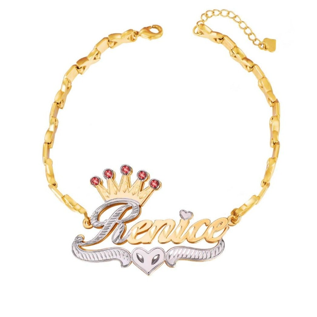 Double Layer Two Tone Ruby Crown and Heart with XOXO Chain Personalized Custom Gold Plated Name Bracelet-silviax