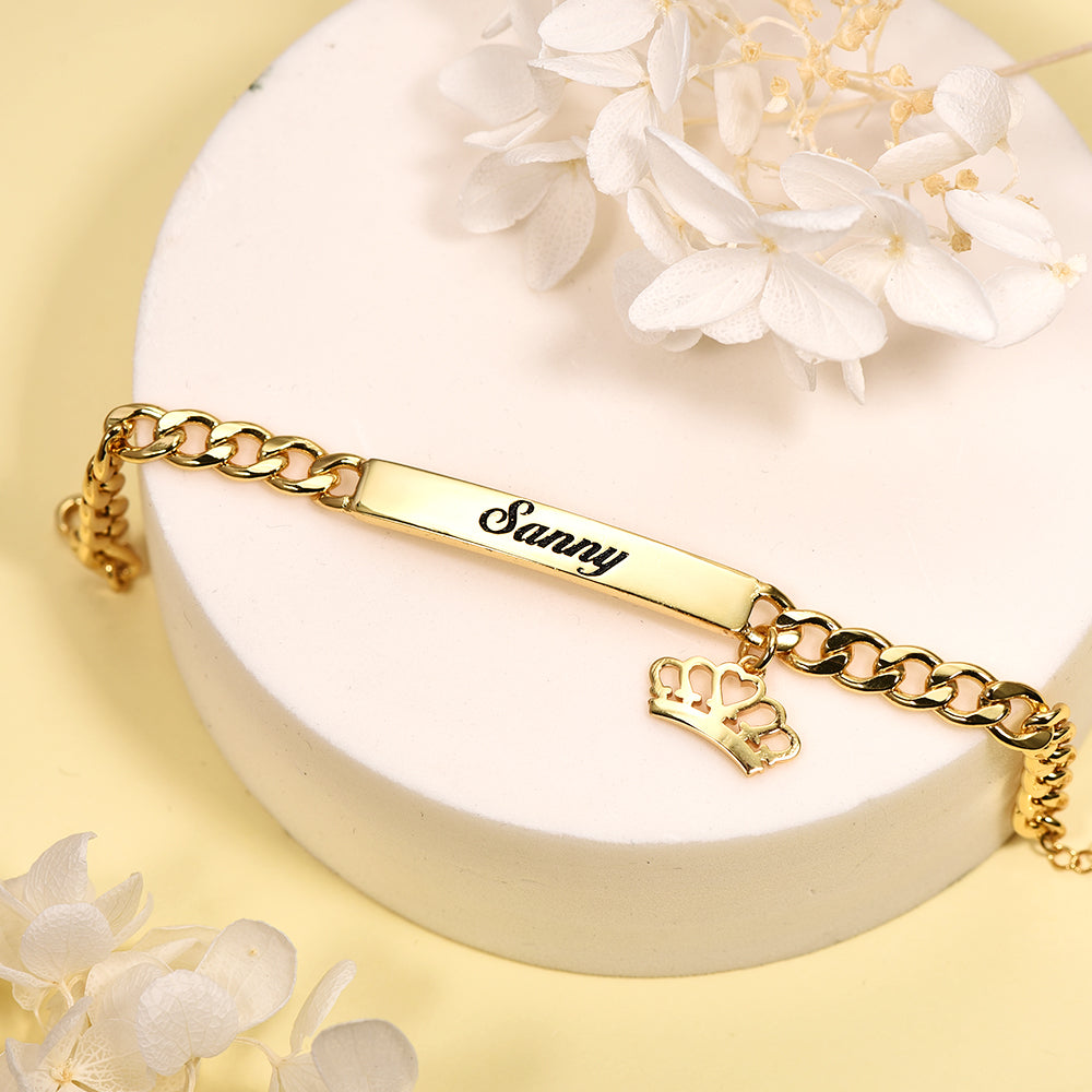 Gold Plated Personalized Cuban Chain Engraved Name Bar Bracelet with Crown Pendant-silviax