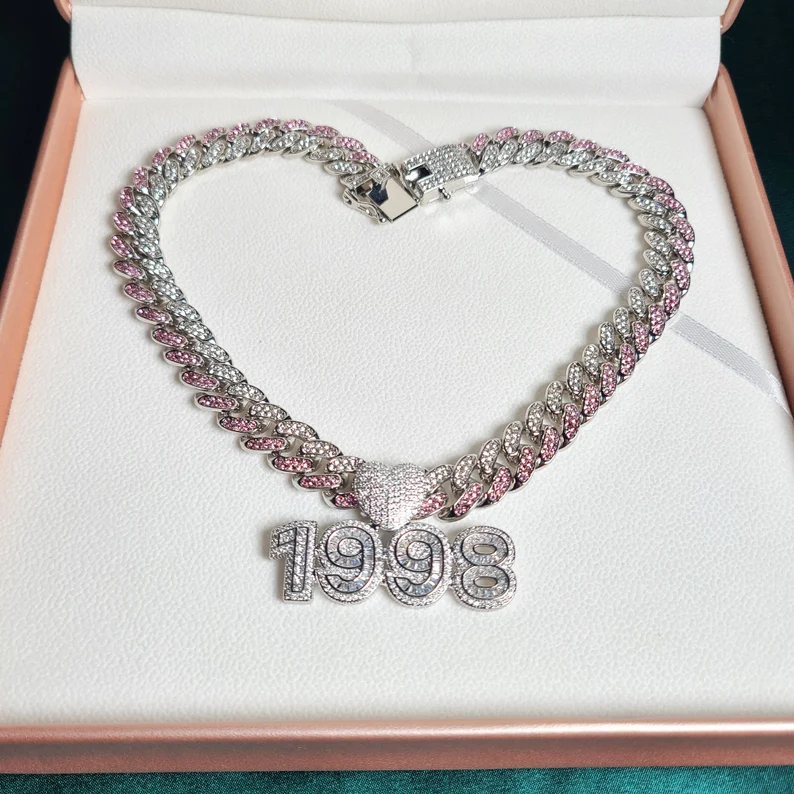 Iced Out Cuban Chain Baguette Numbers with Heart Birth Year Number Necklace-silviax
