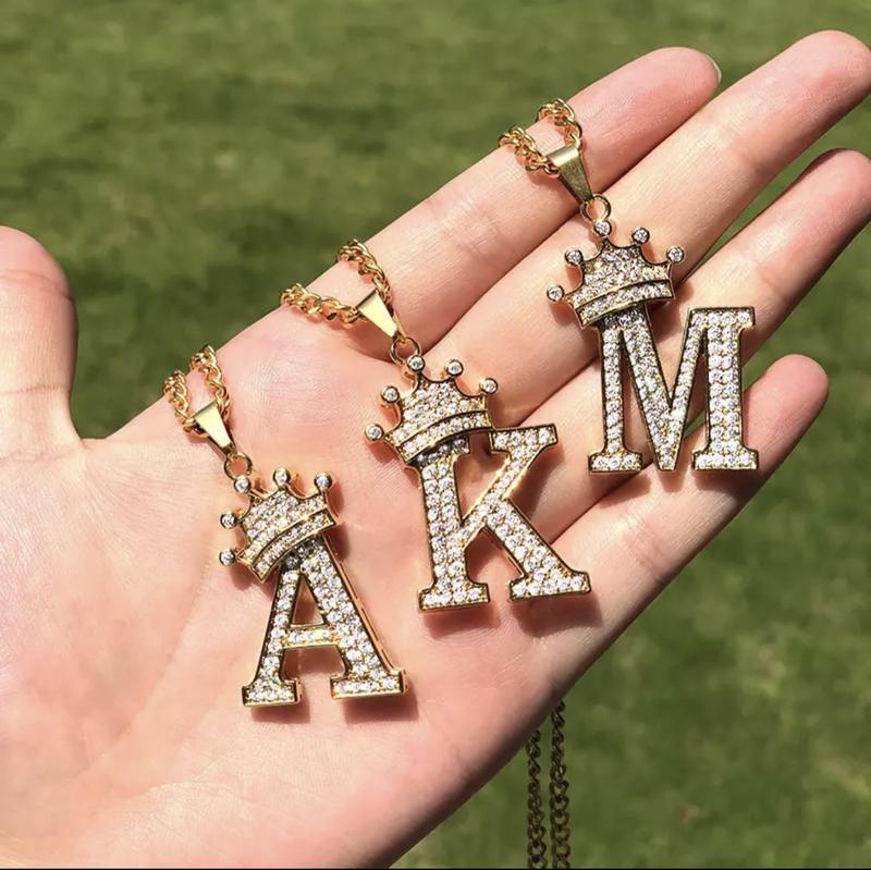 Crown Custom Letter Initial Necklace and Two Tone Double Layer Name Necklace Gold Plated Set-silviax