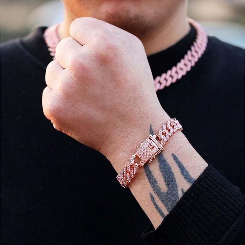 12mm Rose Gold Cuban Chain Necklace and Bracelet Set-silviax
