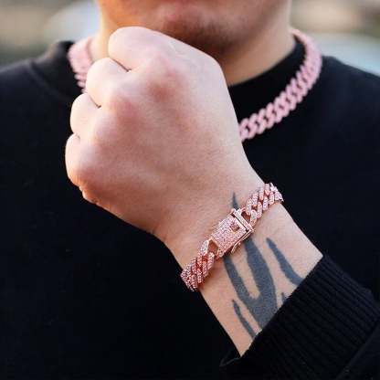 12mm Rose Gold Cuban Chain Necklace and Bracelet Set-silviax