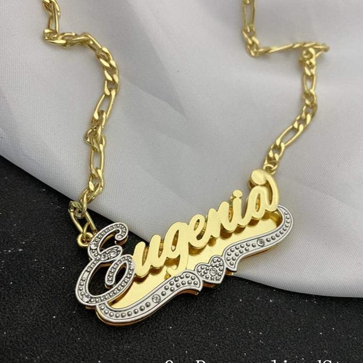 Double Plate Two Tone Heart Personalized Custom Gold Plated Name Necklace Set with Rhinestones-silviax