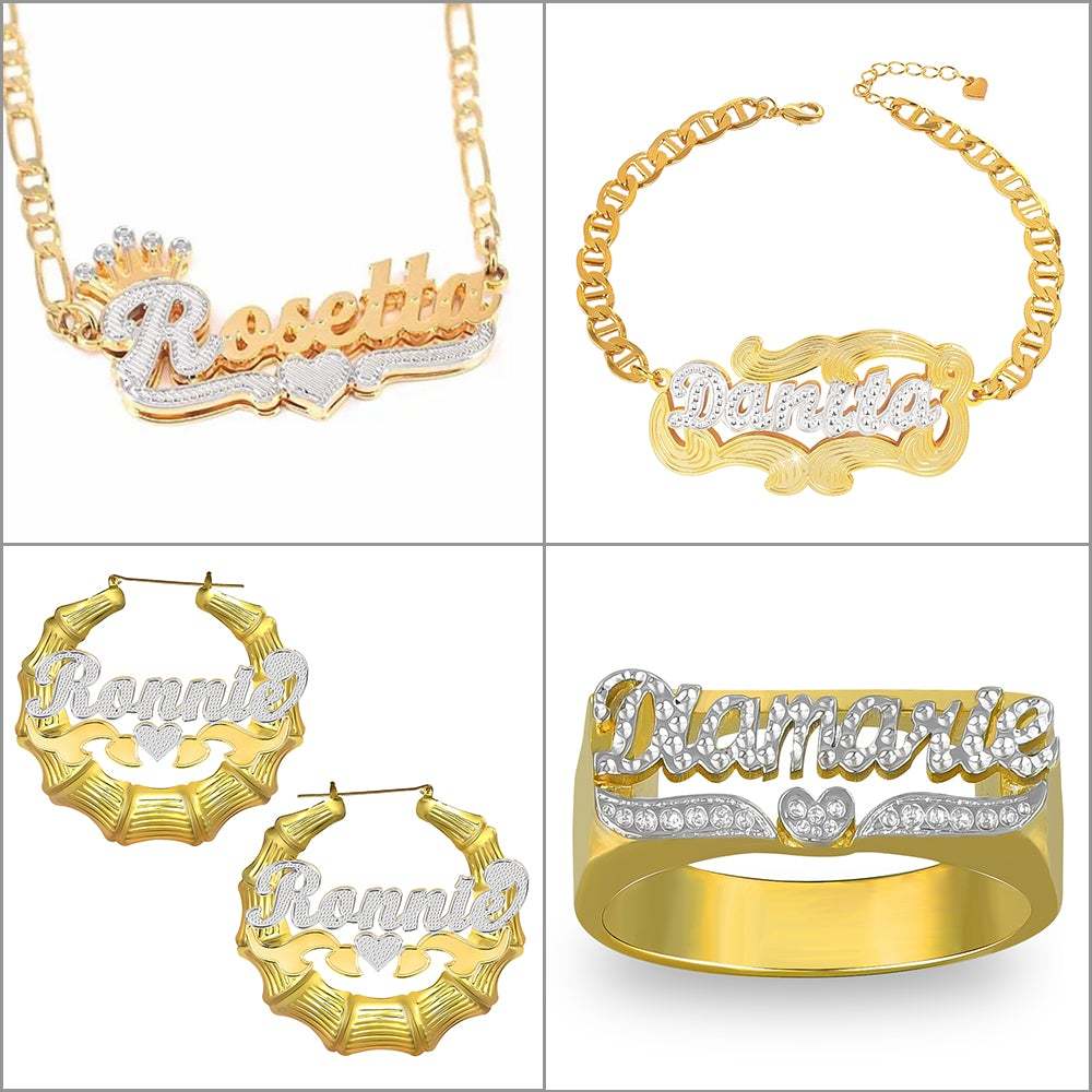 Two Tone Personalized Custom Name Bamboo Earrings Ring Bracelet and Necklace Set with Gold Plated-silviax