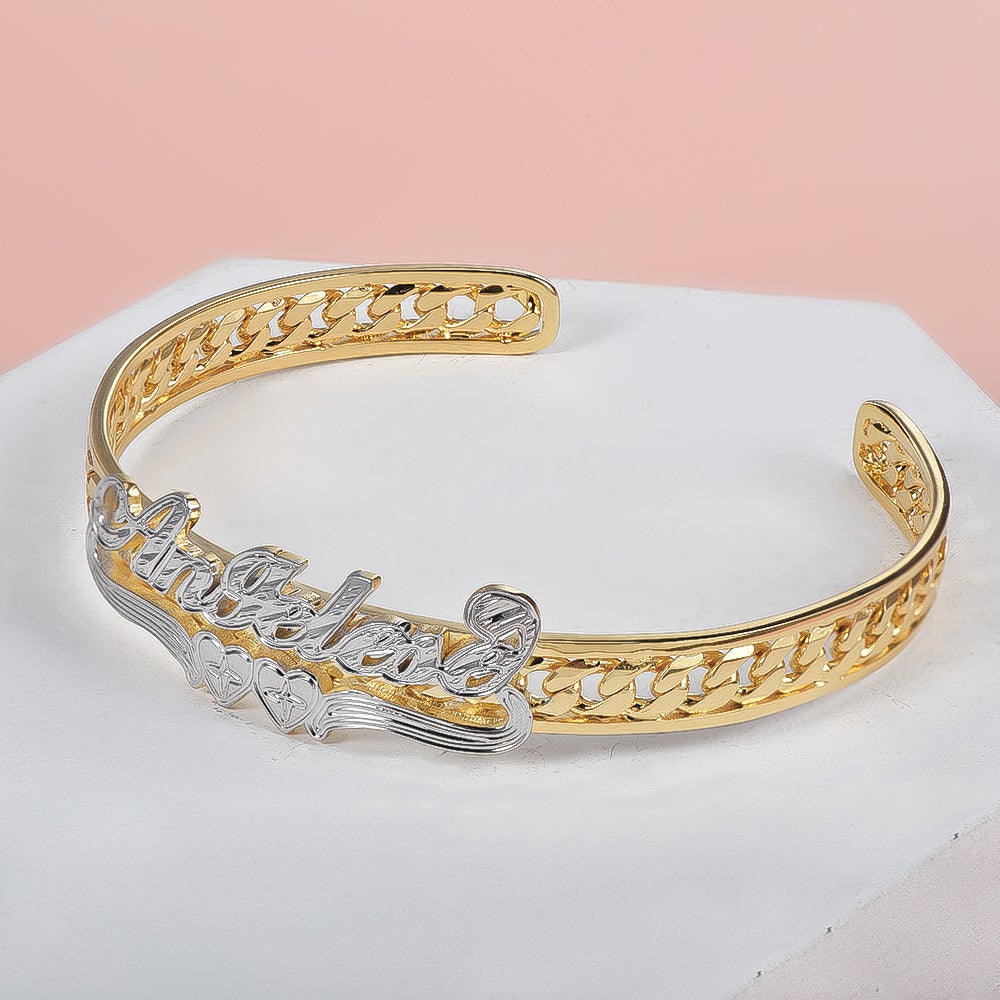 Two Tone Personalized Gold Plated Name Bangle Bracelet with Heart-silviax