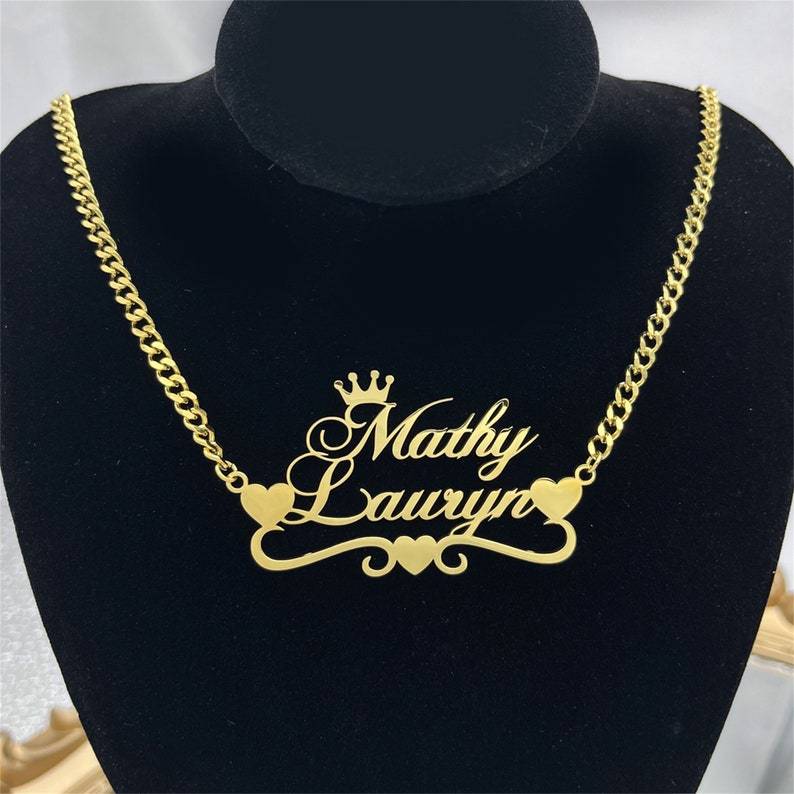 Three Heart and Crown Two Name Pendant Personalized Name Necklace-silviax