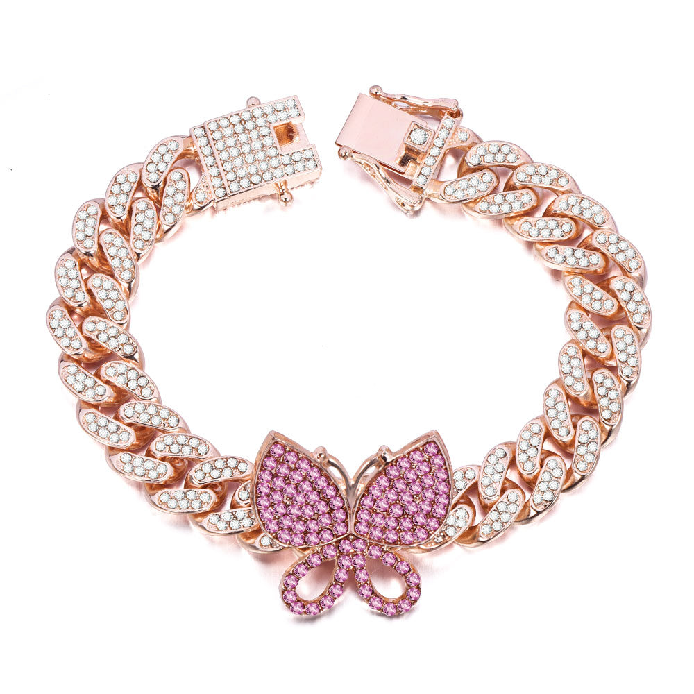 Iced Out Cubic Zirconia Butterfly Cuban Chain Bracelets-silviax