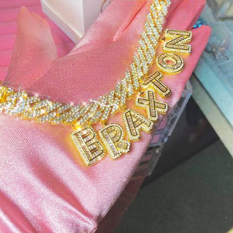 Hip Hop Cubic Zirconia Capital Letter Choker Cuban Chain Necklace-silviax
