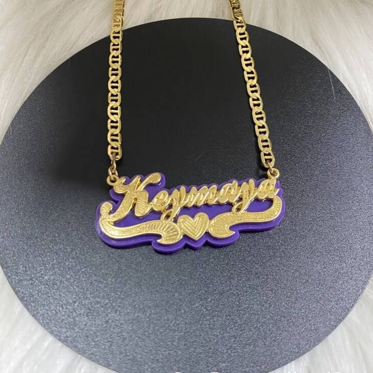 Purple Acrylic with Heart Double Layer Personalized Custom Gold Plated Name Necklace-silviax