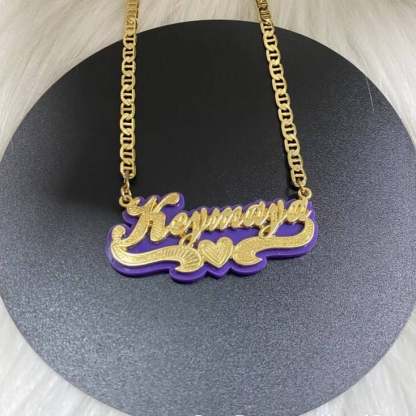 Purple Acrylic with Heart Double Layer Personalized Custom Gold Plated Name Necklace-silviax