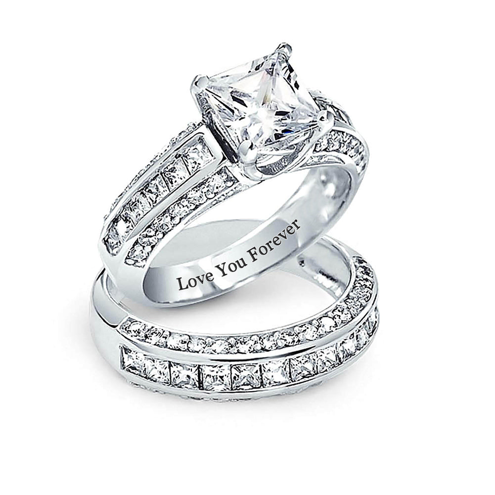 Sterling Silver Radiant Cut CZ Wedding Ring Set with Custom Name-silviax