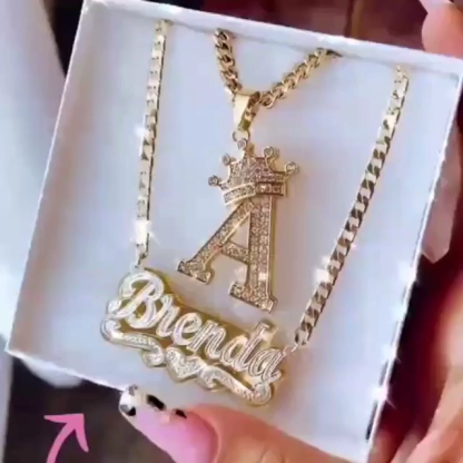 Double Plate Two Tone with Heart Name Necklace and Initial Necklace with Crown Personalized Custom Gold Plated Set