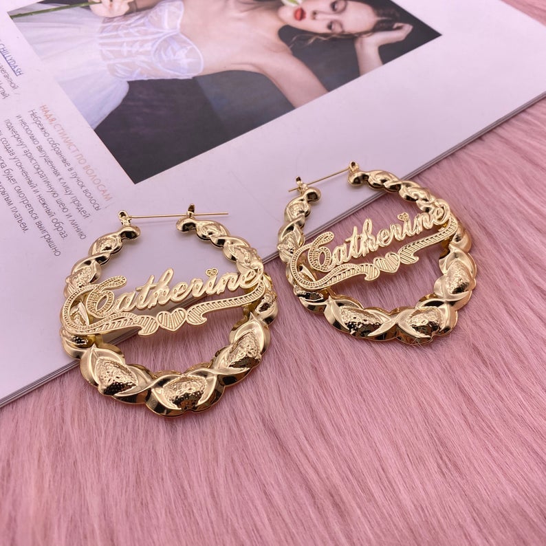XOXO Bamboo  Earrings Heart Nameplate Personalized Custom Gold Plated Name Earrings-silviax