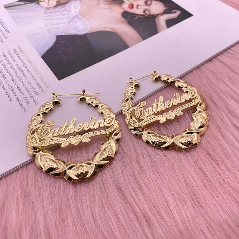 XOXO Bamboo Earrings Heart Nameplate Personalized Custom Gold Plated Name Earrings-silviax
