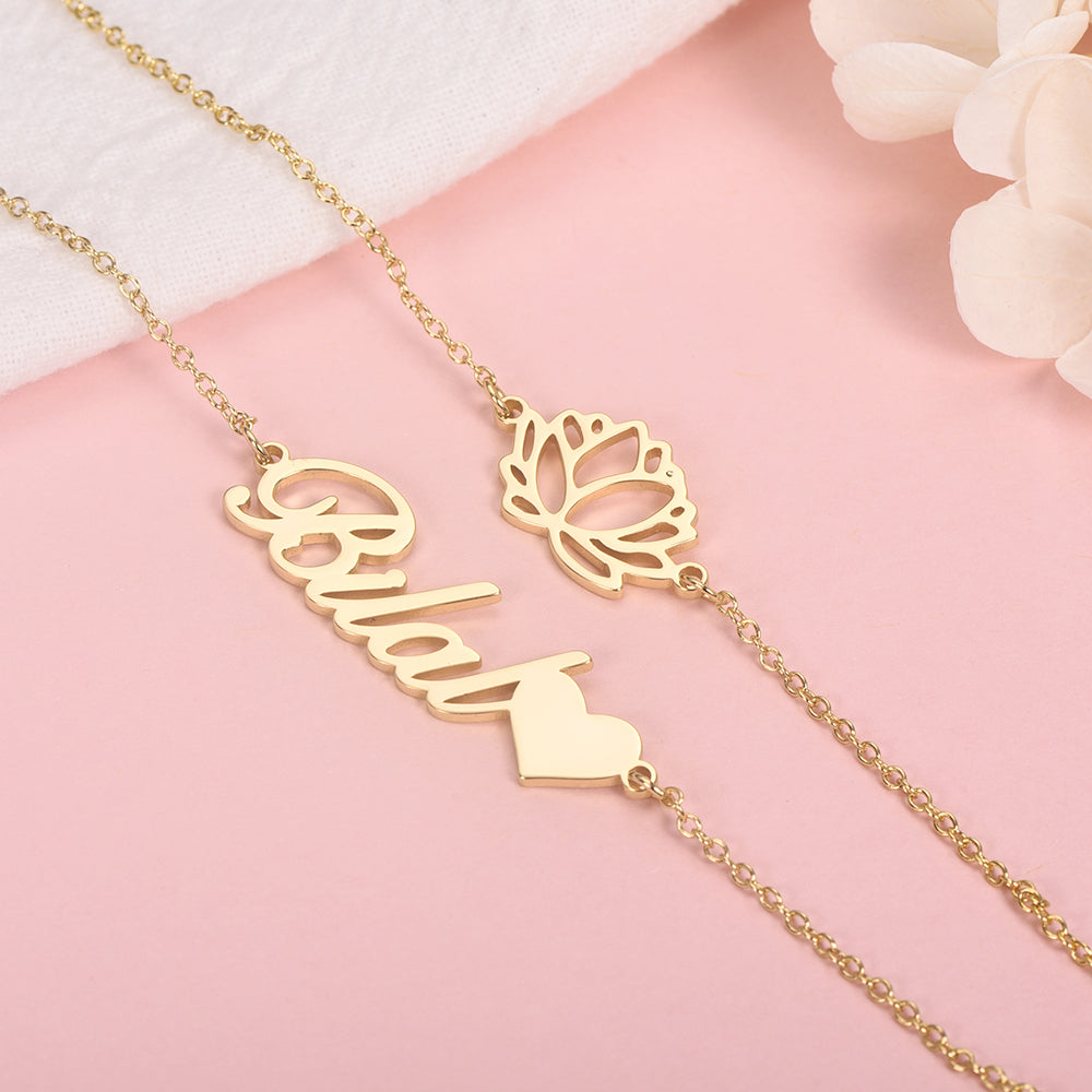Flower And Heart Personalized Double Chain Name Bracelet-silviax